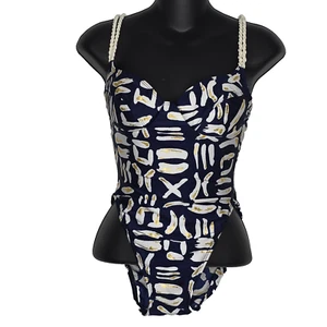 La Blanca Sz 10 One piece Swimsuit Sweetheart Neck Padded Bra Navy Blue Gold USA - Picture 1 of 9