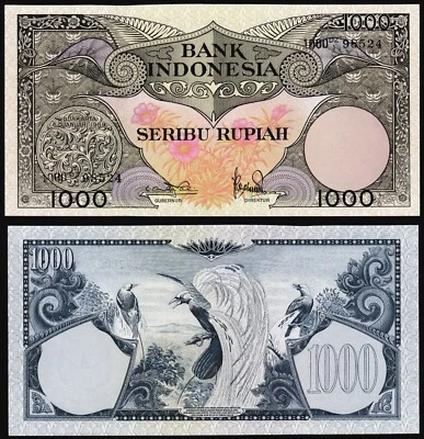 Indonesia 1000 rupiah 1959 Flowers & Birds of Paradise P71b Prefix 1000DZ1 UNC - Image 1 of 4