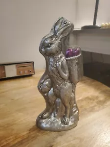 Primitive Antique Vtg Tin Style Easter Bunny Rabbit Silver Resin 11" high - Picture 1 of 4