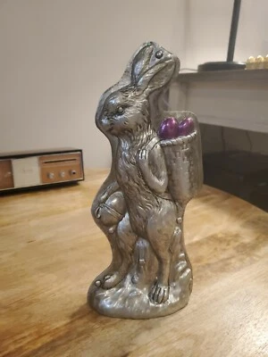 Primitive Antique Vtg Tin Style Easter Bunny Rabbit Silver Resin 11" high - Image 1 of 4