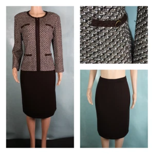 ST JOHN Collection Knits Brown Cream JACKET Skirt XL 16 14 2pc Suit Trim Buttons - Picture 1 of 11