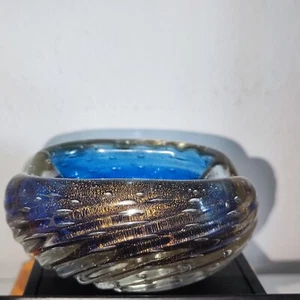 Murano szklana miska CORDONATO D'ORO Archimede SEGUSO niebieska złota folia przezroczysta wazon - Zdjęcie 1 z 10