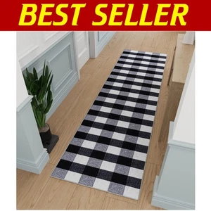 Contemporary Black/White Buffalo Plaid Runner Rug 2'7" x 9'10" - Easy to Clean - Picture 1 of 13