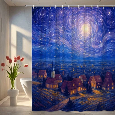 Cortina de ducha Starry Night Village - Decoración artística del hogar Foto 1 de 4