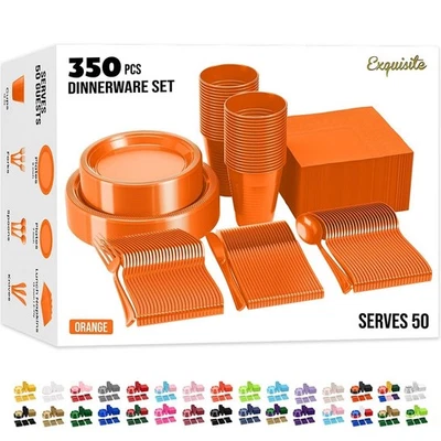 Orange Disposable Dinnerware Set 50 Plates Cups Napkins For Parties Events - Image 1 of 4