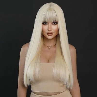 Long Straight Synthetic Hair Costume Wigs With Bangs Platinum blonde Layered - Image 1 of 4