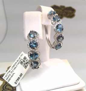 $799- NATURAL LONDON BLUE TOPAZ/WHITE TOPAZ SOLITAIRE HOOP EARRINGS SS/14KPL 925 - Picture 1 of 10