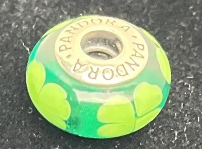 Pandora 925 ALE Kiss Me I'm Irish 4-Leaf Clover Green Glass Murano Charm 790927 - Image 1 of 4