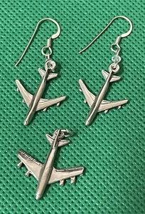 Airplane Aviation Sterling Silver .925 Dangle Earrings & Airplane Pendant Charm - Picture 1 of 12