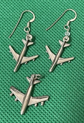 Airplane Aviation Sterling Silver .925 Dangle Earrings & Airplane Pendant Charm - Image 1 of 4