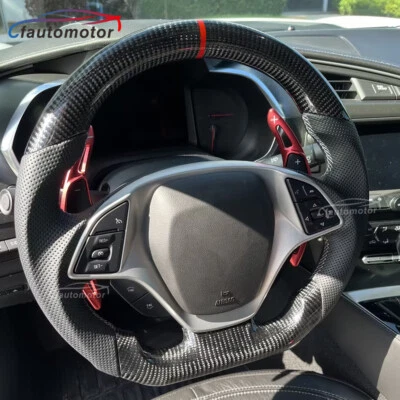 Volante de fibra de carbono real para Chevrolet Corvette C7 2014-2019 puntada roja Foto 1 de 4