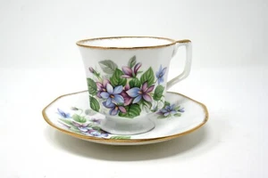 Royal Heritage England Bone China Violets Gold Trim Footed Tea Cup and Saucer - Picture 1 of 6