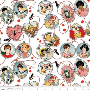 RETRO VINTAGE VALENTINES LOCKETS WHITE ALL MY HEART FRISCH RILEY BLAKE FABRIC HY - Picture 1 of 1