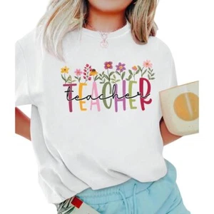 Teacher Flower Graphic Print Short Sleeve T-Shirt in White, Size M - Picture 1 of 1