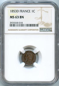 France Napoleon III 1 Centime 1853 D Lyon NGC MS63 BN - Picture 1 of 2