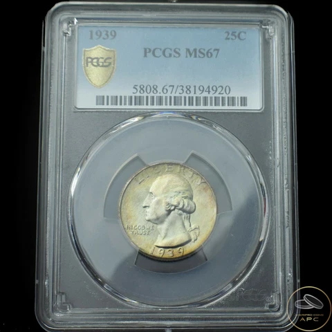 1939 Washington Silver Quarter~PCGS MS67~Gold Shield~Light Toning~Combo Ship~! Cover