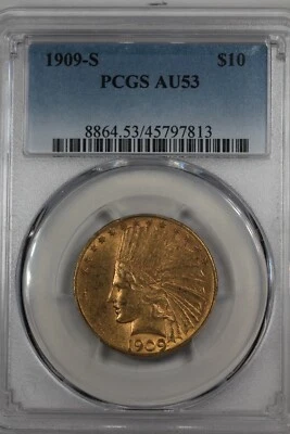 1909-S  10.00 PCGS AU 53  INDIAN HEAD Ten Dollar Liberty Gold Piece - Image 1 of 2