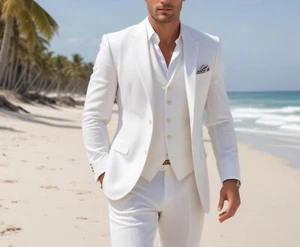Herren Leinen 3-teiliger Anzug schmale Passform Sommer weiß Leinen 3-teilig Strand Hochzeitsanzug - Bild 1 von 6