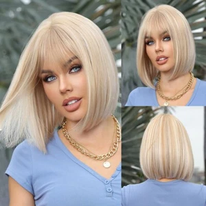 100% Real hair! Fashion Sexy Women Short Blonde Straight Human Hair Wigs 12In - Picture 1 of 8