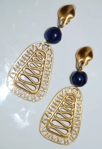 ELEGANT VTG ANNE KLEIN COUTURE BLUE BEAD GOLDEN MODERN ART DANGLE CLIP EARRINGS - Picture 1 of 11