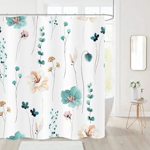 Long Teal Orange Watercolor Shower Curtain 72 x 78 Inch Waterproof Fabric Flo... - Picture 1 of 7