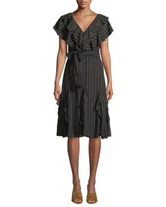ALICE + OLIVIA Tessa Striped Black Ruffle Godet Midi Dress 0 BRAND NEW - Picture 1 of 3