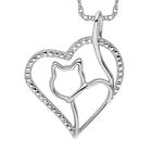 Heart Love Cat Silhouette Necklace Char. 925 Sterling Silver Cubic Zirconia Cz