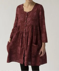 Gudrun Sjoden Size XS Cotton Linen Modern Apple Print Burgundy Tunic Dress - Picture 1 of 24