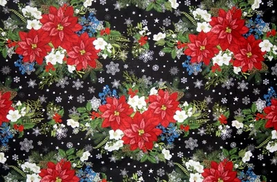 FLORES Y FLOR DE PASCUA SOBRE NEGRO DESDE EL PRINCIPIO - TELA 100% ALGODÓN Foto 1 de 4