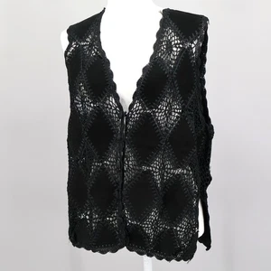 Suede Crochet Vest Womens XL Black Boho Festival Bohemian Hippie Chic Patchwork - Picture 1 of 22