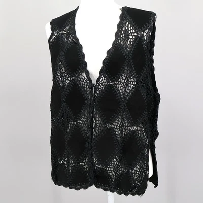 Suede Crochet Vest Womens XL Black Boho Festival Bohemian Hippie Chic Patchwork - Image 1 of 4
