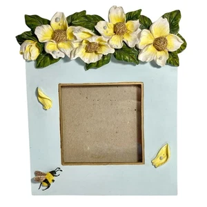 Vintage Bumble Bee Magnolia Flower Picture Photo Frame Ceramic Wood 4X4" Blue - Picture 1 of 11