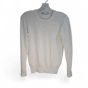 Zara Ivory Lightweight Sweater Crewneck Brass Button Cuff Medium Business Casual - Picture 1 of 7