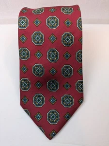Jos. Eine Bank Krawatte rot mit blauem Medaillon/Quadrate handgenäht 100 % Seide 56 Zoll - Bild 1 von 6