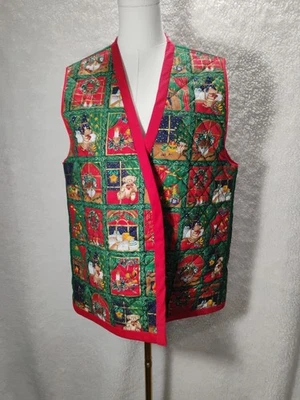 Quilted Christmas Vest Handmade Holiday Print Design L Women Open Front - Image 1 of 4