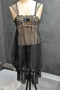 Vtg 80s Lily of France Nightgown Dress Sheer BLack Lace Netting Swiss Dot M-L - Picture 1 of 10