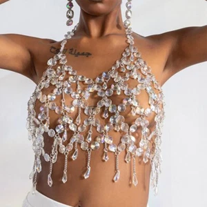 Womens Crystal Bralette Top Festival Rave Party Womens Metal Chain Body Jewelry - Picture 1 of 11
