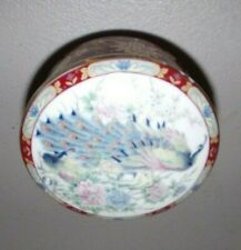 Vintage Japan Round Porcelain Trinket Box Peacocks & Flowers