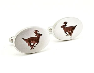1960s ANSON Deer Cufflinks Men's Silver Metal & Brown Paint Mid Century Vintage - Picture 1 of 6