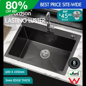 ALFORDSON Kitchen Sink Stainless Steel Drop in Flush Under Mount 600X450MM Black - Picture 1 of 12