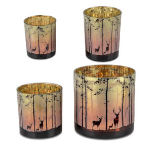 Windlicht Abenddämmerung Farbglas gold Hirsche Reh Bäume formano Kerzenständer