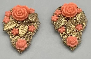 Vintage 1930’s Dress Clips Coral Celluloid With Brass Filigree Metal Work - Picture 1 of 12