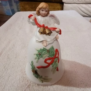 VTG Homco Christmas Bell Angel Sitting on Bell Garland Red Ribbon #5213  5.5"Tal - Picture 1 of 6