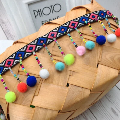 1yard Ethnic Jacquard Fringed Edging Boho Pom Ball Tasseled Trims DIY Decors - Image 1 of 4