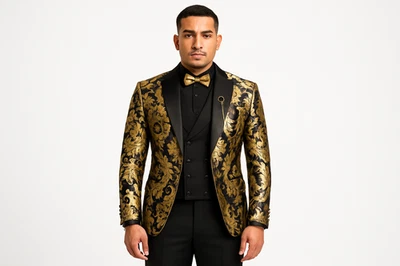 VINCI Men's Modern Fit 3-Piece Suit with Matching Bowtie Black Gold - Image 1 of 2