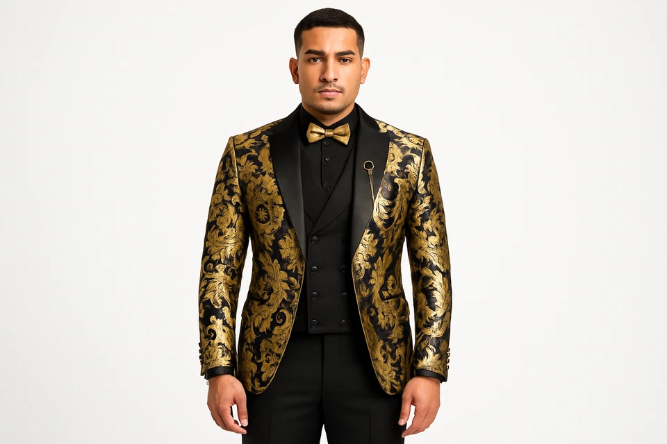 VINCI Men's Modern Fit 3-Piece Suit with Matching Bowtie Black Gold - Image 1 of 2