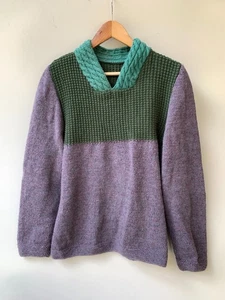 Handmade Hand Knitted Colourblock Winter Jumper - One Size - Purple Green Unisex - Picture 1 of 5