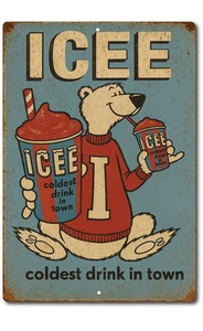 Letrero de hojalata de aluminio ICEE estilo vintage de oso polar 8x12 decoración de tienda de refrescos retro - Imagen 1 de 5
