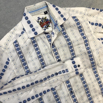 Robert Graham Shirt Mens Small White Blue Geometric Embroidered Flip Cuff Party - Image 1 of 4