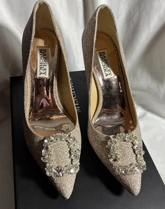 Badgley Mischka Cher Pump Women's Champagne 3.75 Stiletto Heels Sz 6.5 Glitter - Picture 1 of 10